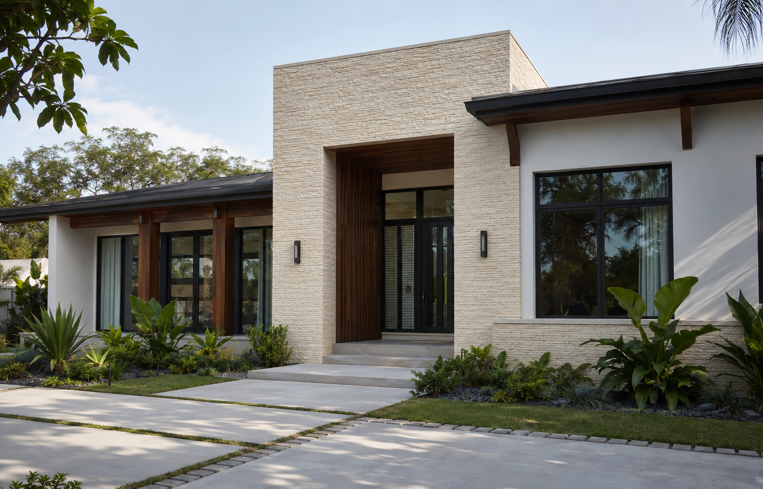 Modern limestone entrance concept featuring Linear Ledge Stone · Limestone