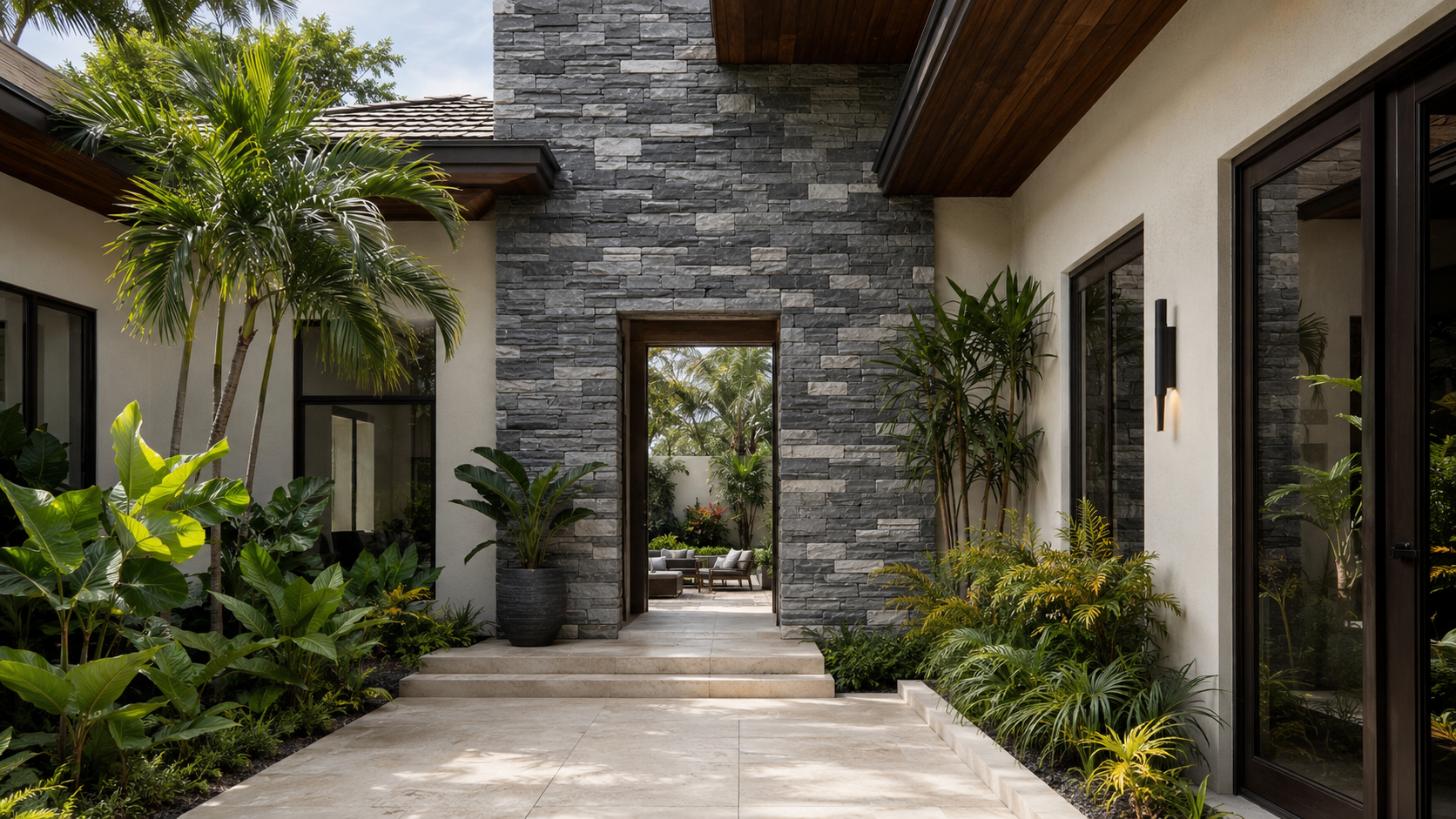 Grey courtyard portal concept featuring Rustic Stone · Pewter