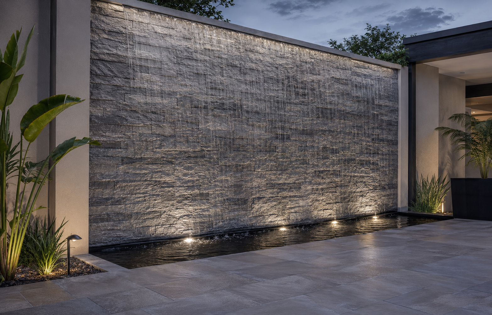 Silver-grey water wall concept featuring Linear Ledge Stone · Grey Blend