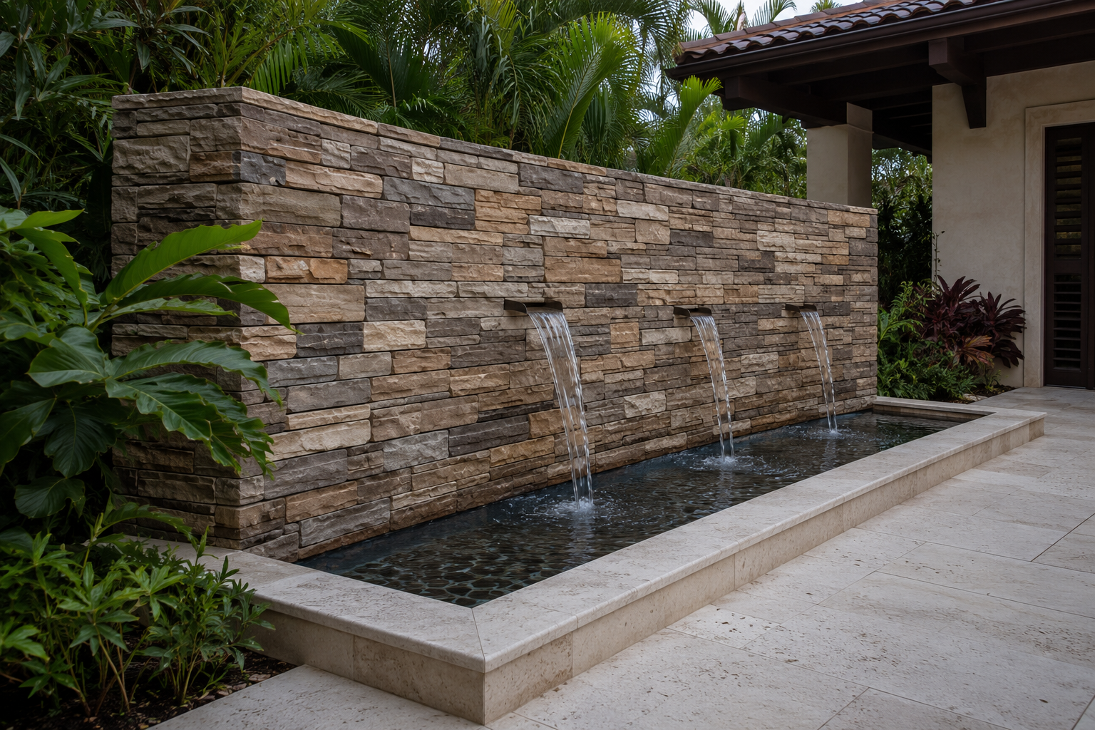 Tropical courtyard fountain concept featuring Rustic Stone · Earth Blend